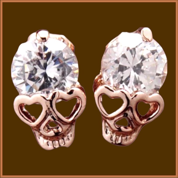 Crystal Skull Heart Rose Gold Toned Earrings - Picture 7 of 8